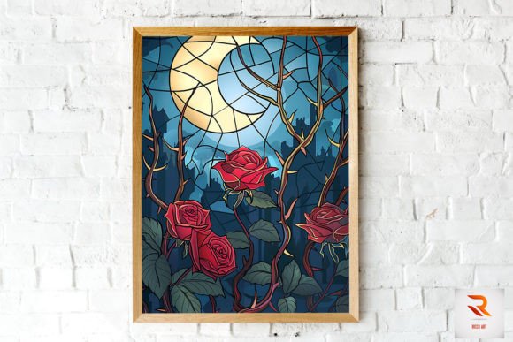 Download Stained Glass Rose and Moon Wall Art - Rose Collection