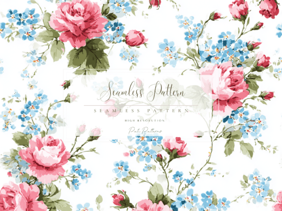 Download Vintage Pink Roses and Blue Forget-Me-Not Seamless Floral Pattern PNG - Rose Collection